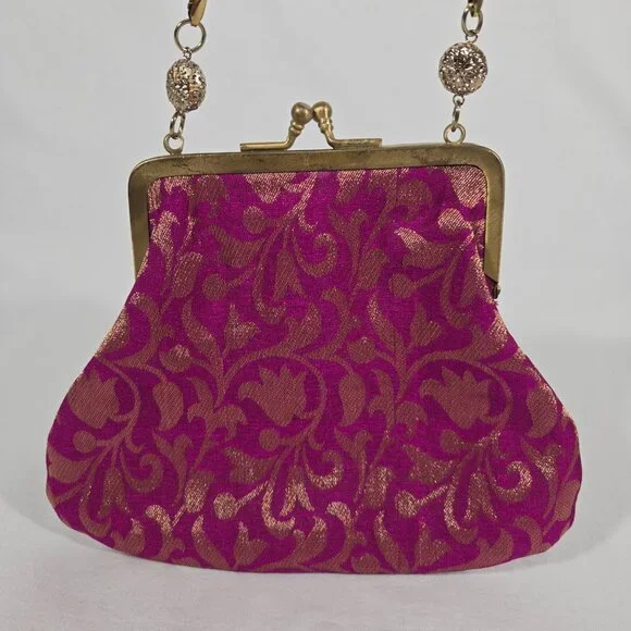 VINTAGE - ANTIQUE Bridgerton Hipster FUCHSIA Embellished Gold Details Clutch Bag - Picture 6 of 17